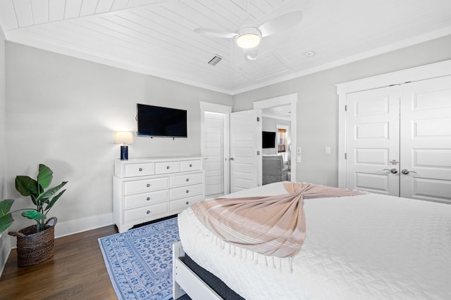 bedroom featuring ceiling fan, dark hardwood / wood-style floors, a closet, and wooden ceiling