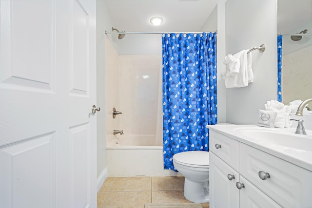 full bathroom featuring vanity, shower / tub combo, tile patterned floors, and toilet