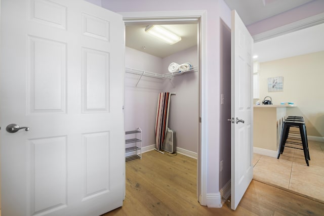 walk in closet with hardwood / wood-style flooring