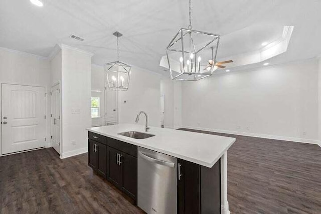 kitchen with a kitchen island with sink, sink, decorative light fixtures, and dishwasher