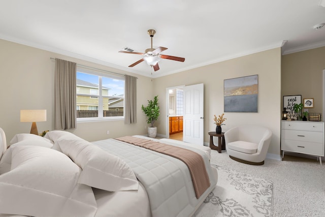 carpeted bedroom with ceiling fan, ornamental molding, and ensuite bath