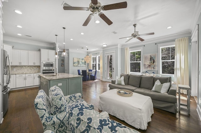 living room featuring ornamental molding, sink, and dark hardwood / wood-style flooring