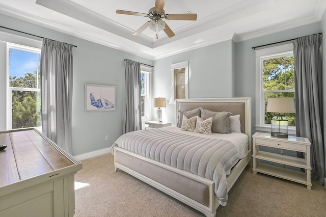 bedroom featuring a raised ceiling, ornamental molding, carpet flooring, and multiple windows