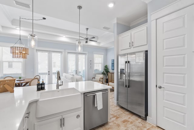 kitchen with pendant lighting, sink, white cabinetry, stainless steel appliances, and a raised ceiling