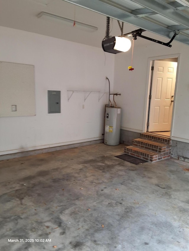 garage with electric panel, electric water heater, and a garage door opener