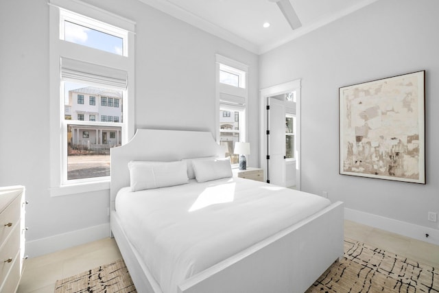 tiled bedroom featuring crown molding