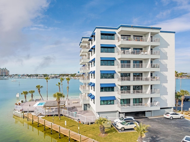 view of building exterior featuring a water view