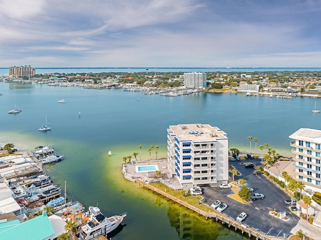 drone / aerial view with a water view