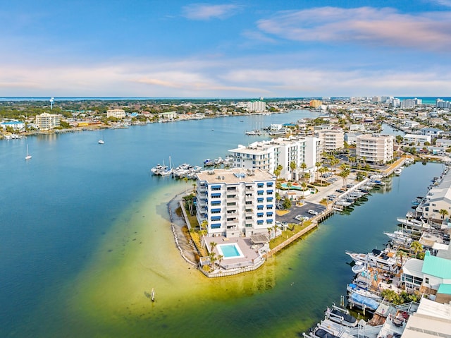 birds eye view of property featuring a water view