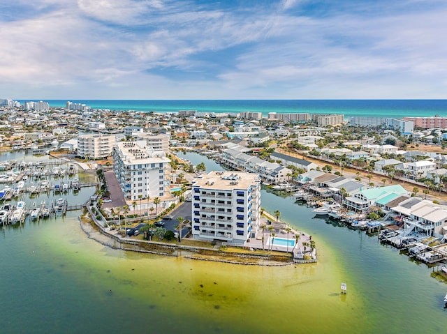 birds eye view of property featuring a water view