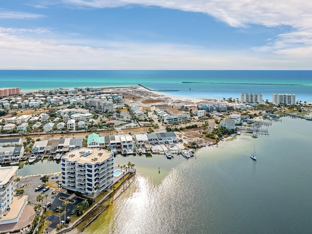 drone / aerial view with a water view