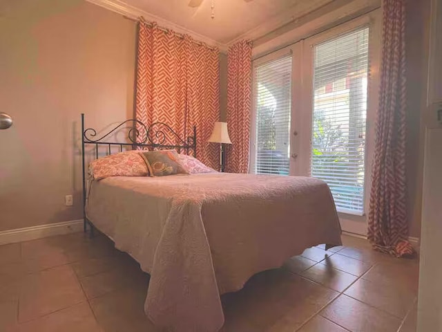 tiled bedroom featuring access to exterior, crown molding, and ceiling fan