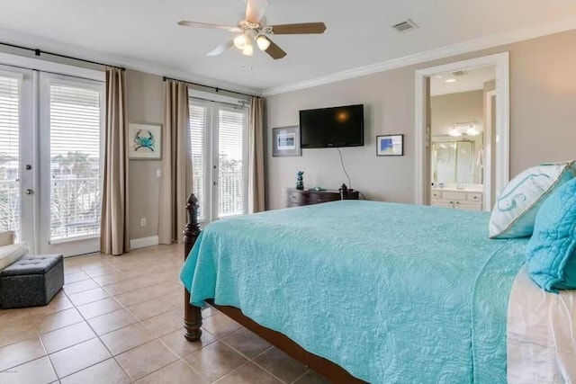 tiled bedroom featuring crown molding, access to outside, ceiling fan, and ensuite bathroom