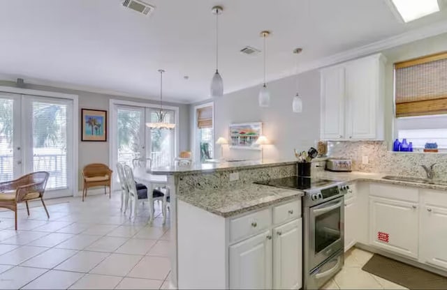 kitchen with white cabinetry, stainless steel electric range oven, pendant lighting, and kitchen peninsula