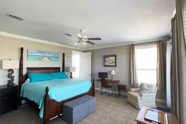 bedroom with crown molding, light tile patterned flooring, and ceiling fan