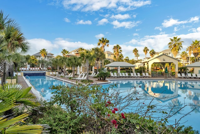 view of swimming pool featuring a gazebo