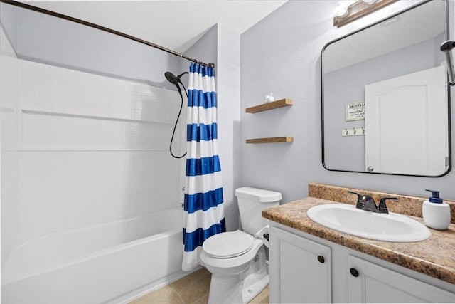 full bath with shower / bath combination with curtain, toilet, vanity, a textured ceiling, and tile patterned floors