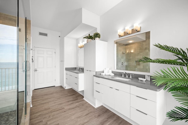 bathroom featuring a stall shower, visible vents, a sink, and wood finished floors