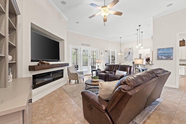 living room featuring light tile patterned floors, crown molding, french doors, and ceiling fan