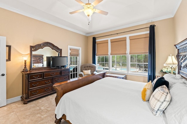 tiled bedroom with ornamental molding and ceiling fan