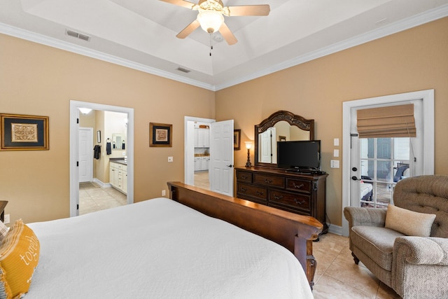 bedroom featuring connected bathroom, crown molding, light tile patterned floors, a raised ceiling, and ceiling fan