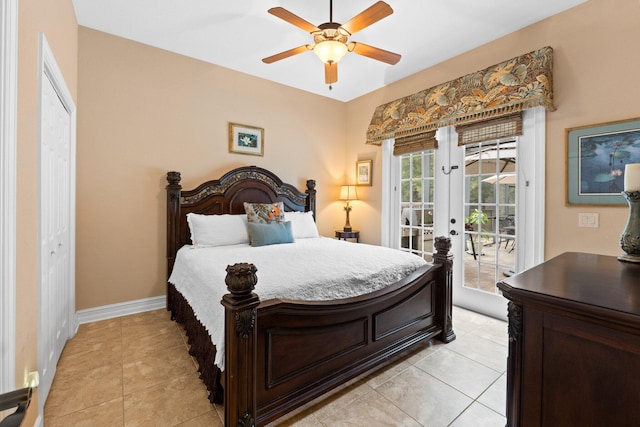 tiled bedroom with access to exterior, french doors, and ceiling fan