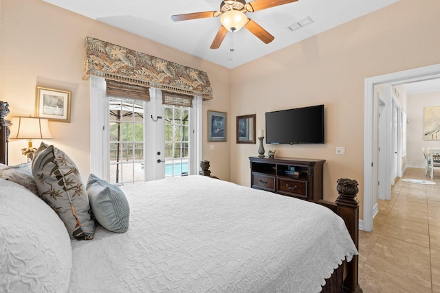 tiled bedroom with french doors, ceiling fan, and access to exterior