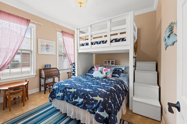 tiled bedroom with ornamental molding