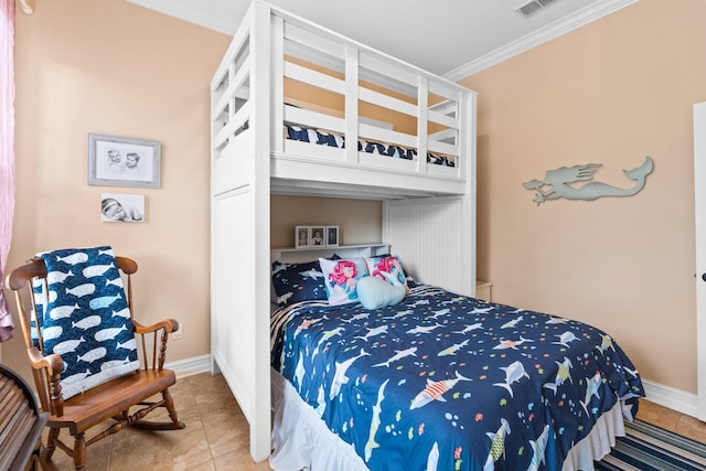 tiled bedroom with crown molding