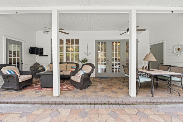 view of patio featuring an outdoor hangout area, french doors, and ceiling fan