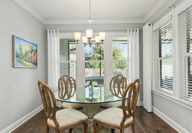 dining room with a healthy amount of sunlight, a notable chandelier, and dark hardwood / wood-style floors