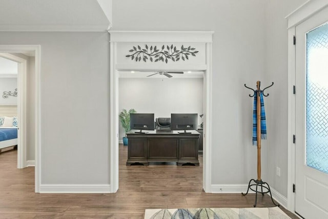 office area with ornamental molding and hardwood / wood-style floors