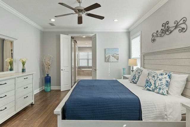 bedroom featuring ornamental molding, dark hardwood / wood-style floors, connected bathroom, and ceiling fan