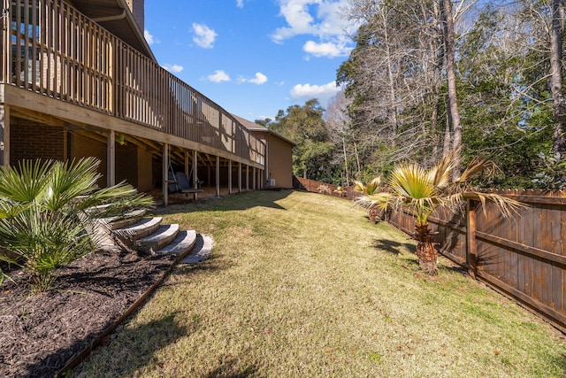 view of yard with a fenced backyard and a deck