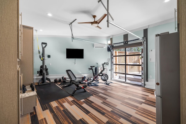 exercise area featuring a garage, ceiling fan, carpet, crown molding, and recessed lighting