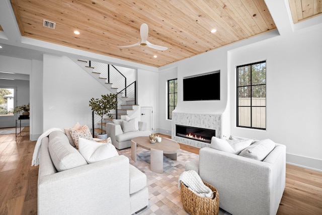 living room featuring a healthy amount of sunlight, wood ceiling, and light wood-type flooring