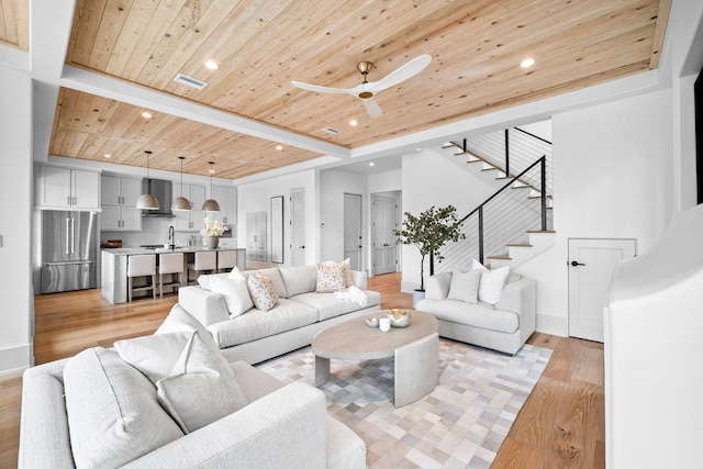 living room featuring wooden ceiling, ceiling fan, and light wood-type flooring