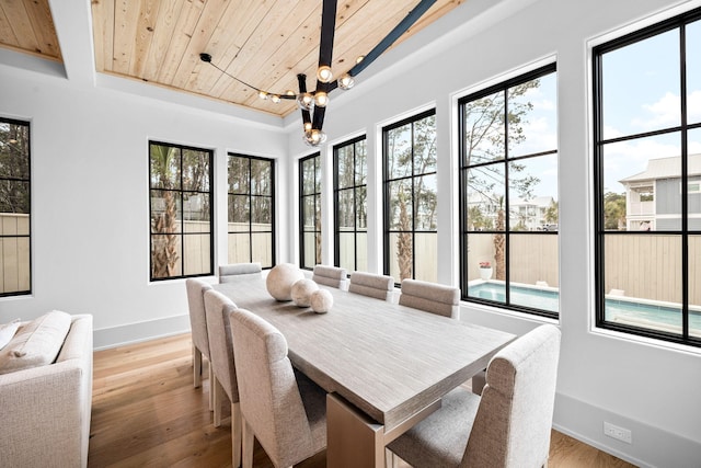 dining area with a wealth of natural light, a chandelier, wood ceiling, and light hardwood / wood-style floors