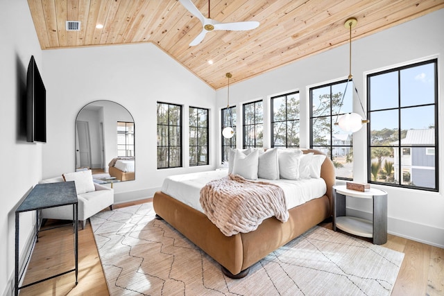 bedroom featuring ceiling fan, high vaulted ceiling, light wood-type flooring, and wooden ceiling