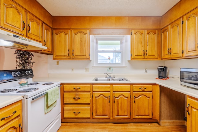 kitchen with electric stove, sink, light hardwood / wood-style flooring, and a textured ceiling