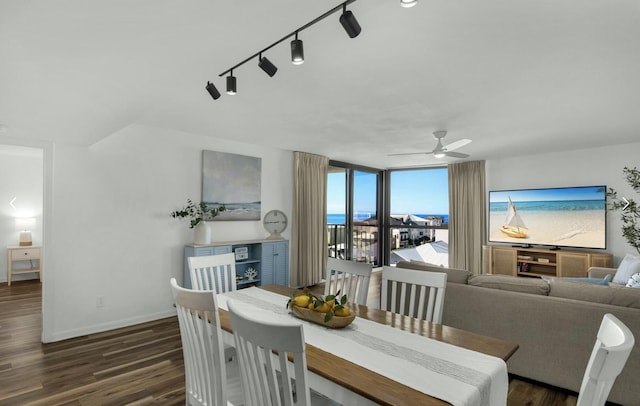 dining space with floor to ceiling windows, dark wood-type flooring, rail lighting, and ceiling fan