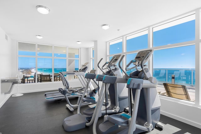 workout area featuring a water view, visible vents, baseboards, and a wealth of natural light