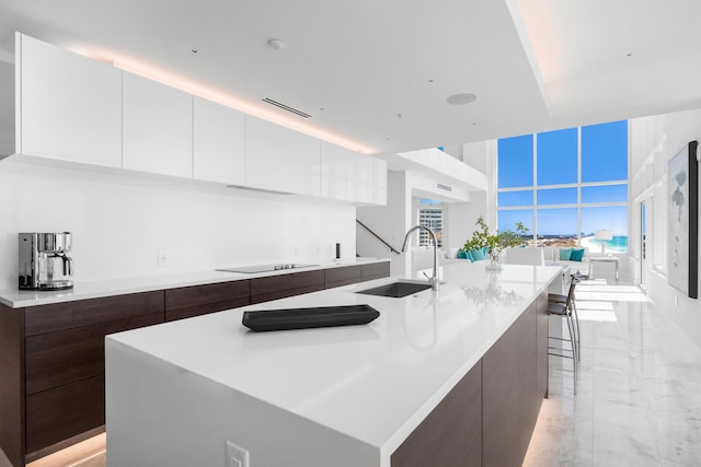 kitchen with modern cabinets, marble finish floor, black electric cooktop, dark brown cabinets, and a sink