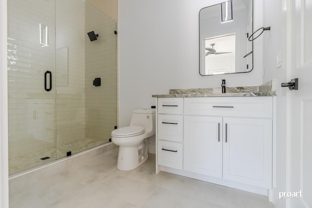 bathroom with walk in shower, vanity, and toilet