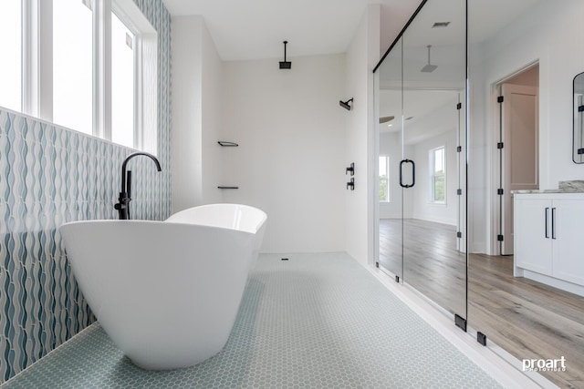 bathroom with vanity, plus walk in shower, and wood-type flooring