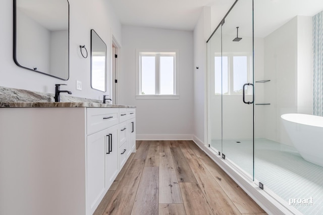 bathroom featuring wood-type flooring, vanity, and walk in shower