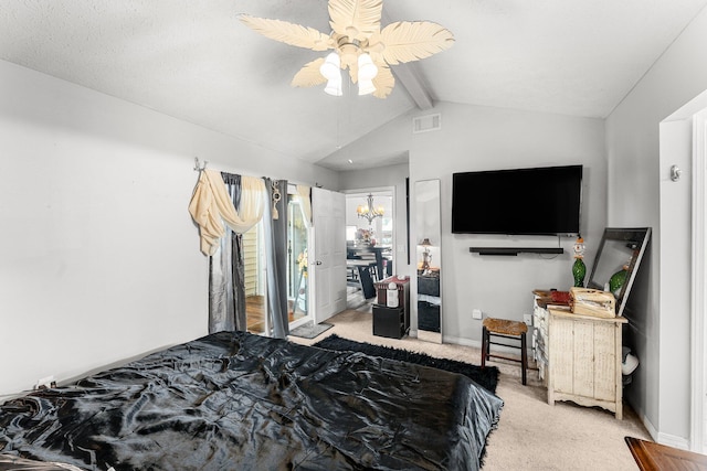 bedroom featuring ceiling fan, vaulted ceiling with beams, light colored carpet, and access to outside