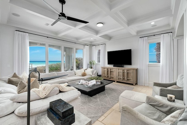 living room with visible vents, coffered ceiling, beam ceiling, ceiling fan, and crown molding