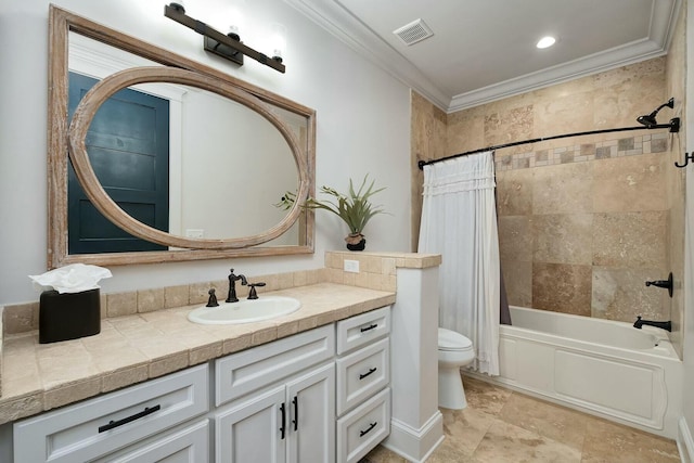 full bathroom with visible vents, shower / bath combo with shower curtain, toilet, ornamental molding, and vanity