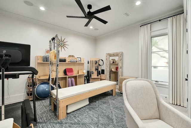 interior space featuring visible vents, recessed lighting, a ceiling fan, and ornamental molding